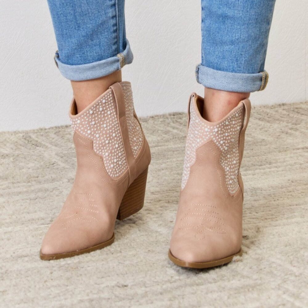 Rhinestone Ankle Cowgirl Booties in Blush